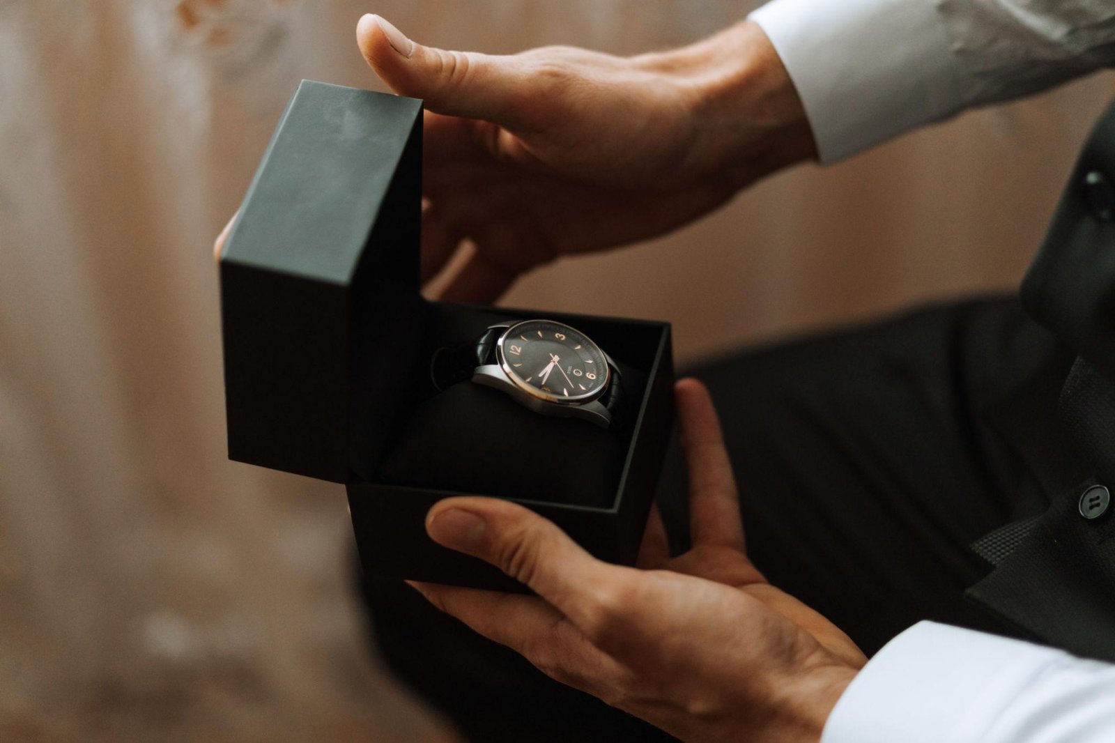 Happy customer wearing a LuxeChronos luxury watch after a five-star purchase experience