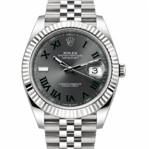 Rolex Datejust grey Roman dial with fluted bezel and stainless steel Jubilee bracelet.