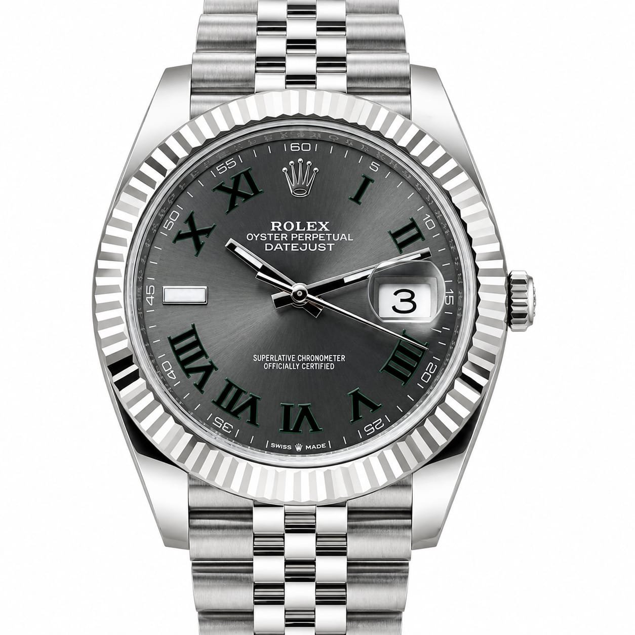 rolex datejust grey roman dial jubilee bracelet Rolex Datejust grey Roman dial with fluted bezel and stainless steel Jubilee bracelet.